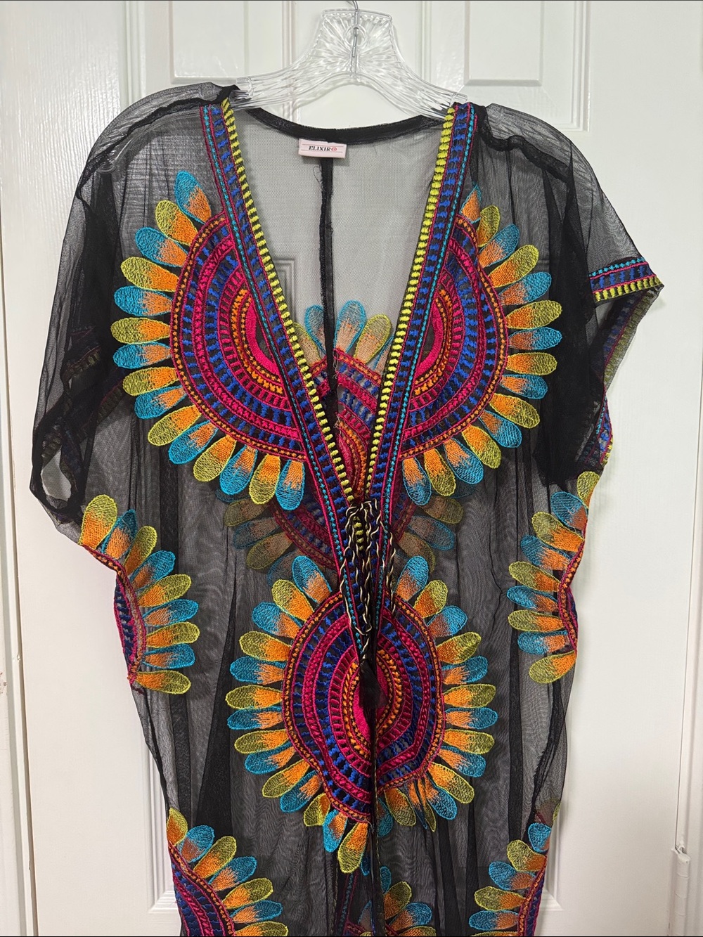 Sheer Black Tunic Kaftan with Multicolor Sunburst Embroidery
